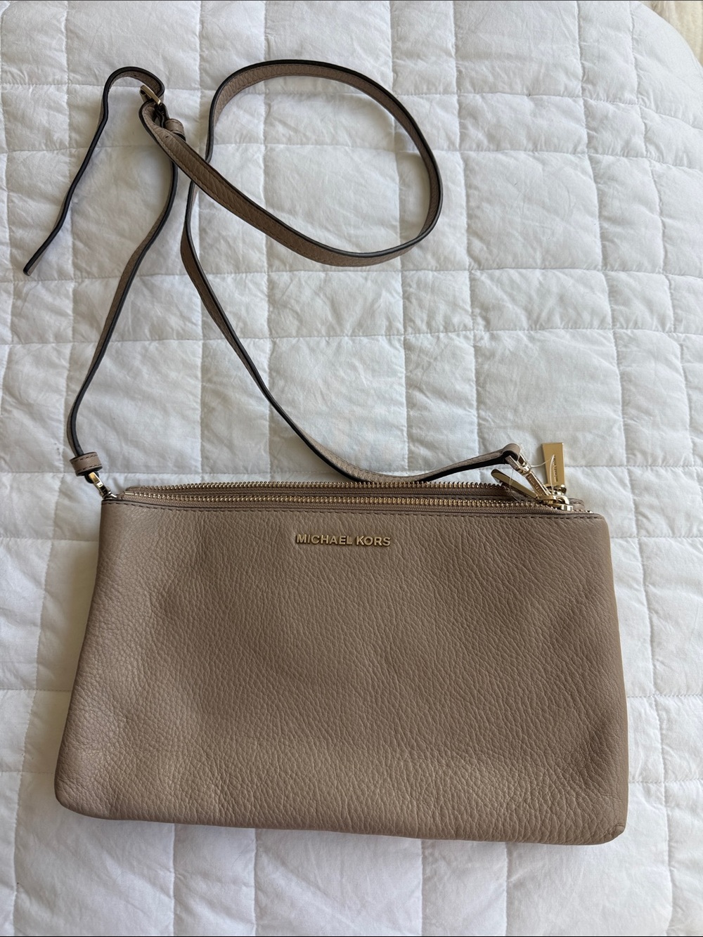 Michael Kors Taupe Leather Dual-Zip Crossbody with Gold Hardware